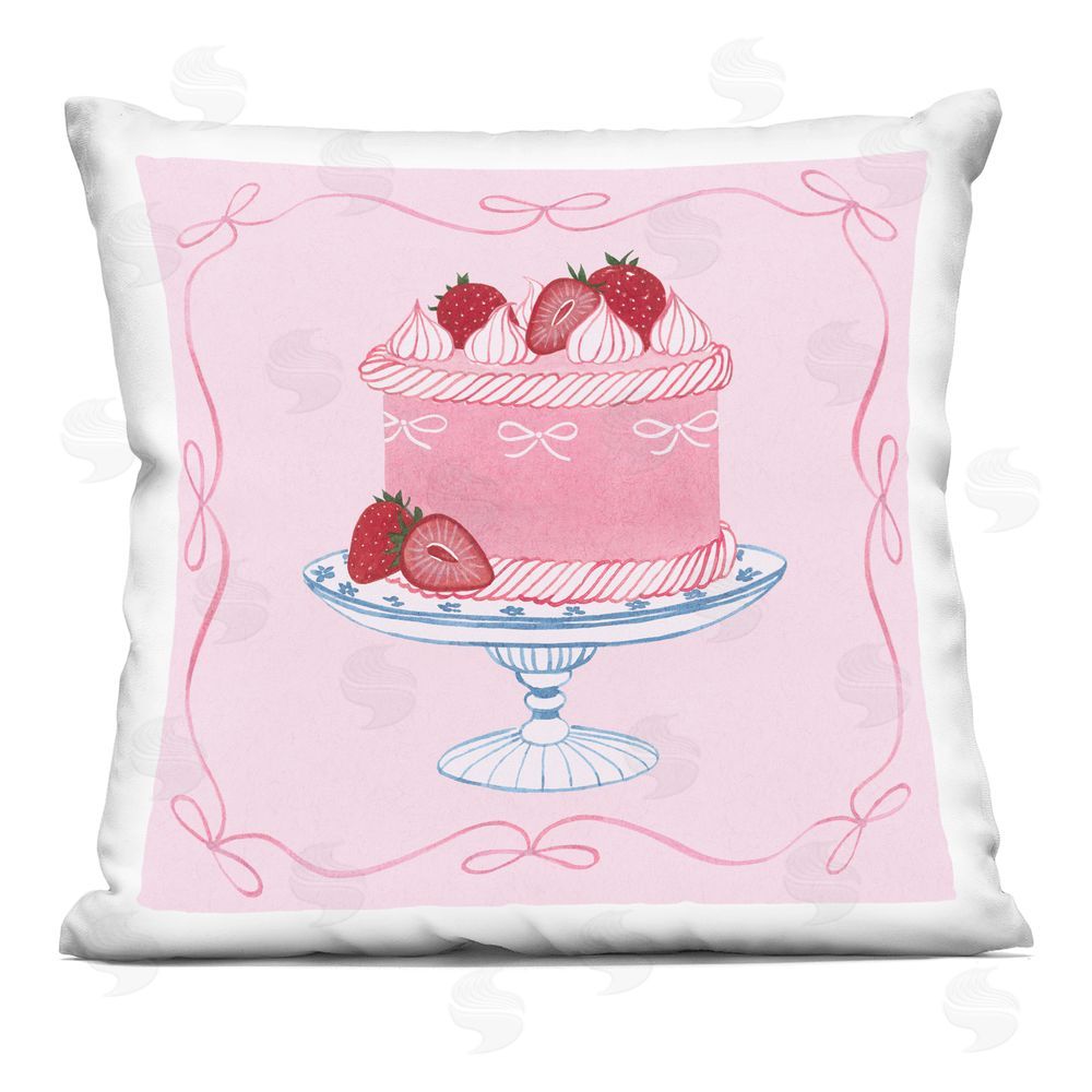 Grace Popp Pink Strawberry Cake Square Plush Polyester Throw Pillow