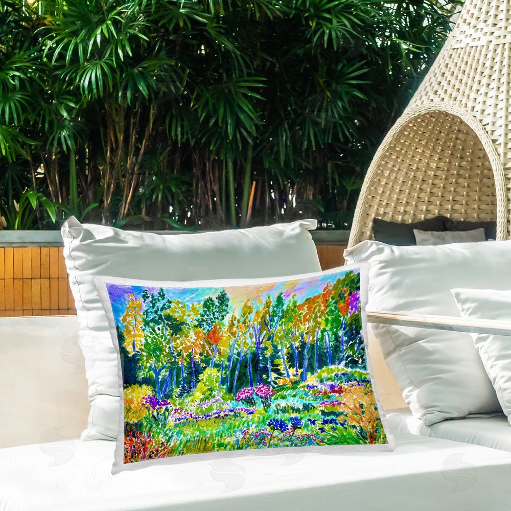 Lee Ann Zirbes Abstract Rainbow Forest Outdoor Rectugular Printed Throw Pillow on Patio