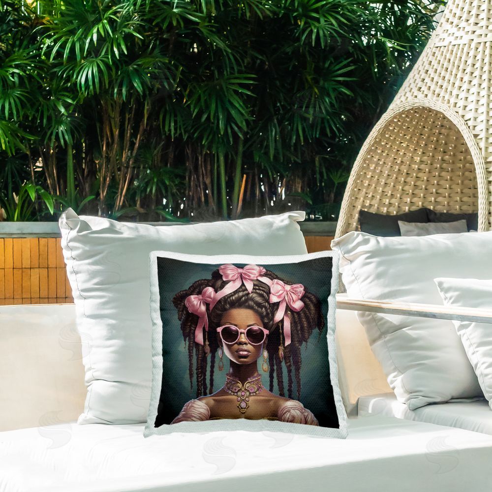Grotto Studios Rococo Woman With Bows Outdoor Printed Throw Pillow on Patio