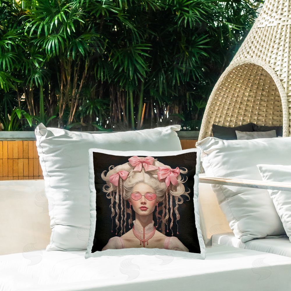 Grotto Studios Rococo Woman Opulent Ribbons Outdoor Printed Throw Pillow on Patio