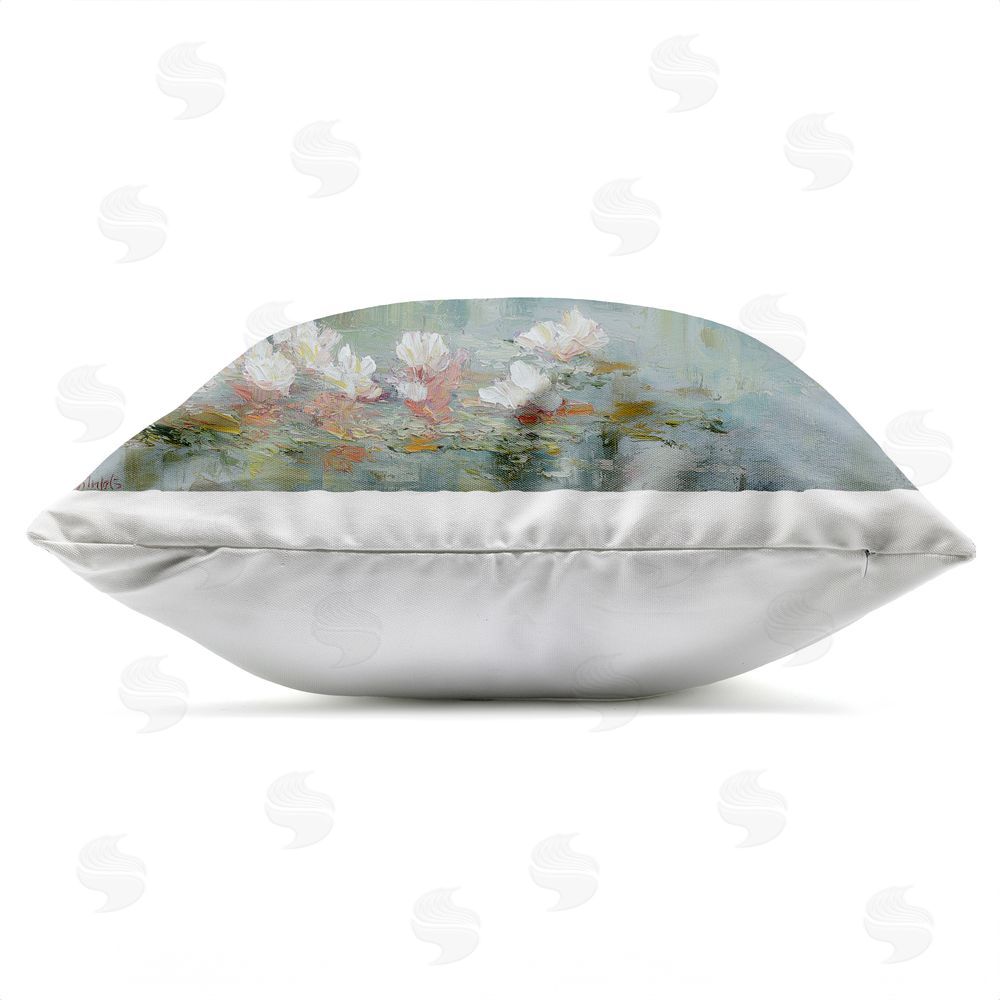 Svetlana Aleynikova Whispering Bridge Over Lily Pond Outdoor Quick-Dry Polyester Square Throw Pillow Zipper Detail