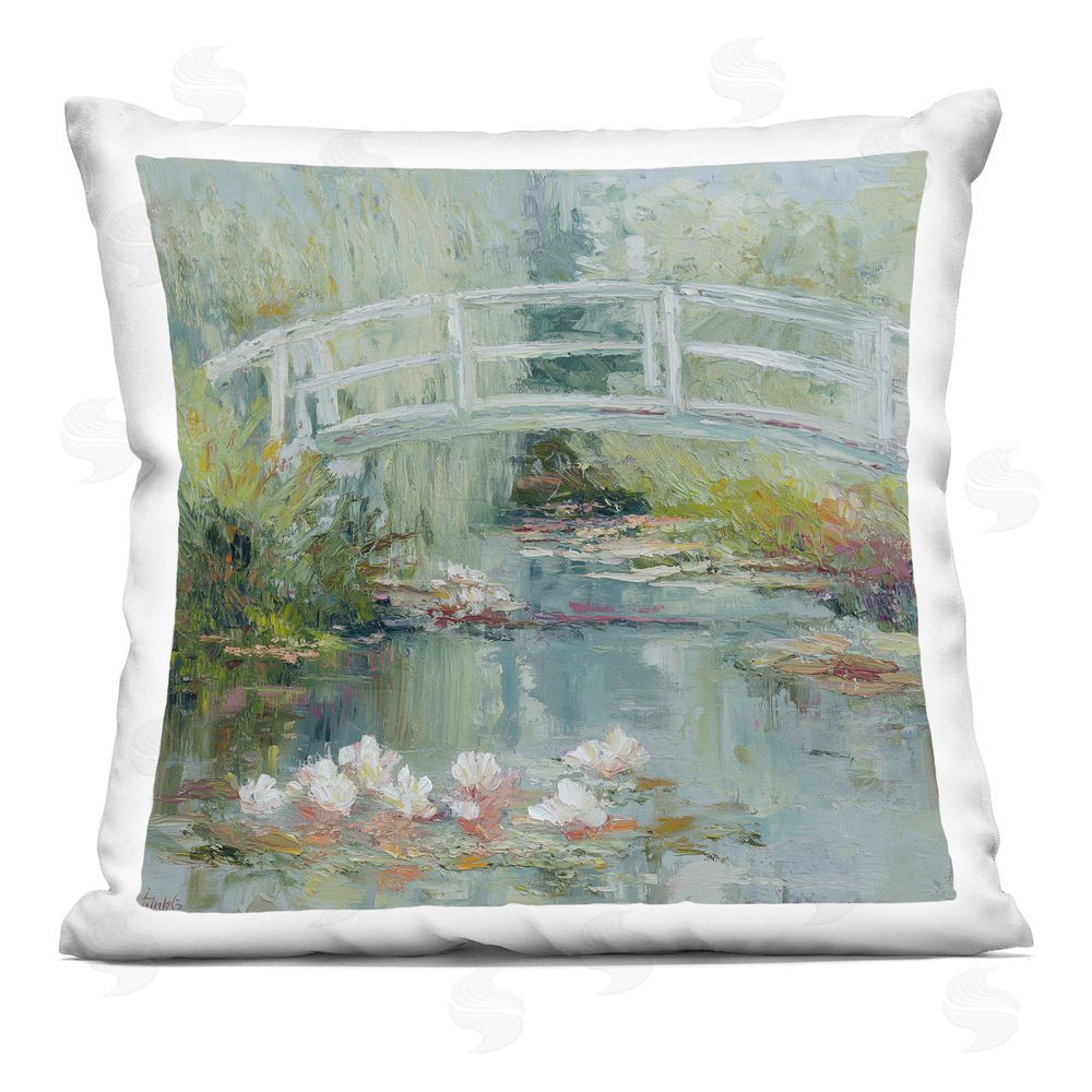 Svetlana Aleynikova Whispering Bridge Over Lily Pond Indoor Plush Polyester Square Throw Pillow