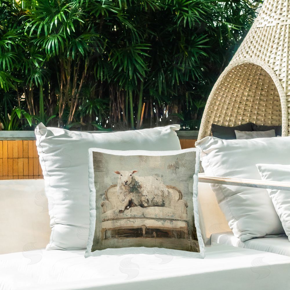 Svetlana Aleynikova Sheep Serenity on Vintage Sofa Outdoor Quick-Dry Polyester Printed Square Pillow on Patio