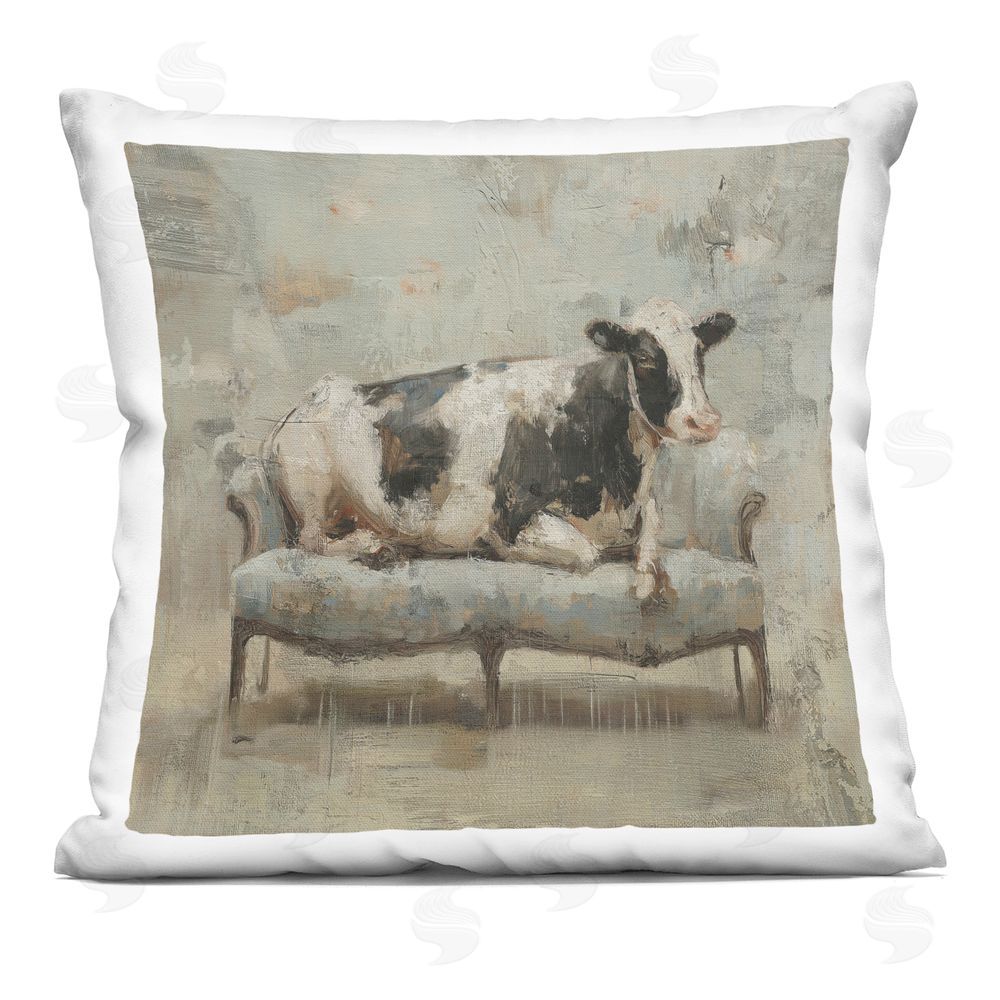 Svetlana Aleynikova Cow Comfort on Vintage Settee Indoor Plush Polyester Square Throw Pillow