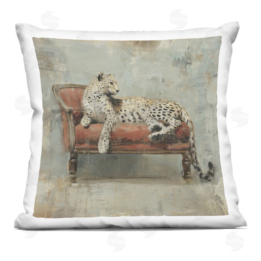 Svetlana Aleynikova Leopard Lounge on Vintage Sofa Indoor Plush Polyester Square Throw Pillow