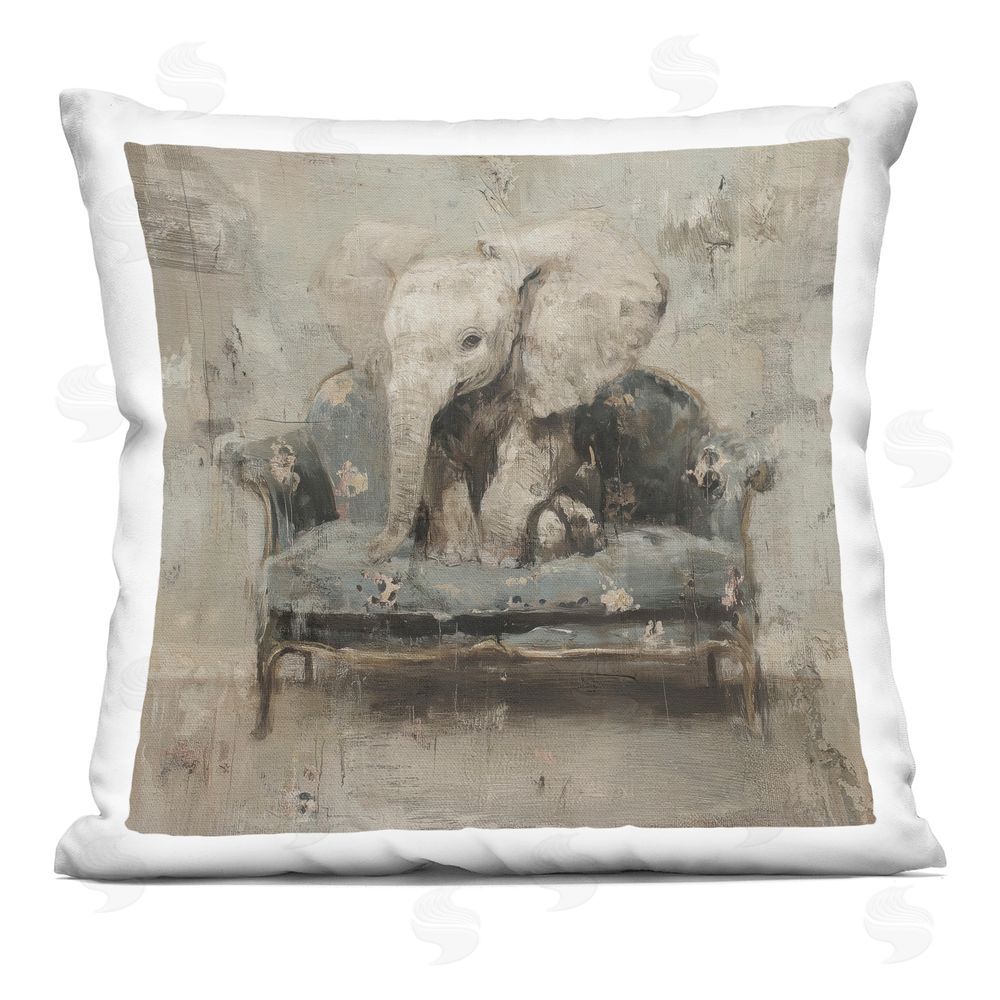 Svetlana Aleynikova Elephant Ease on Vintage Sofa Indoor Plush Polyester Square Throw Pillow