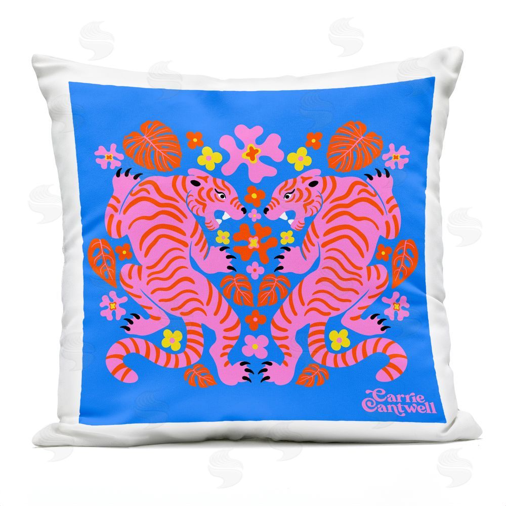 Carrie Cantwell Pink Tigers and Monstera Square Outdoor Quick-Dry Polyester Throw Pillow