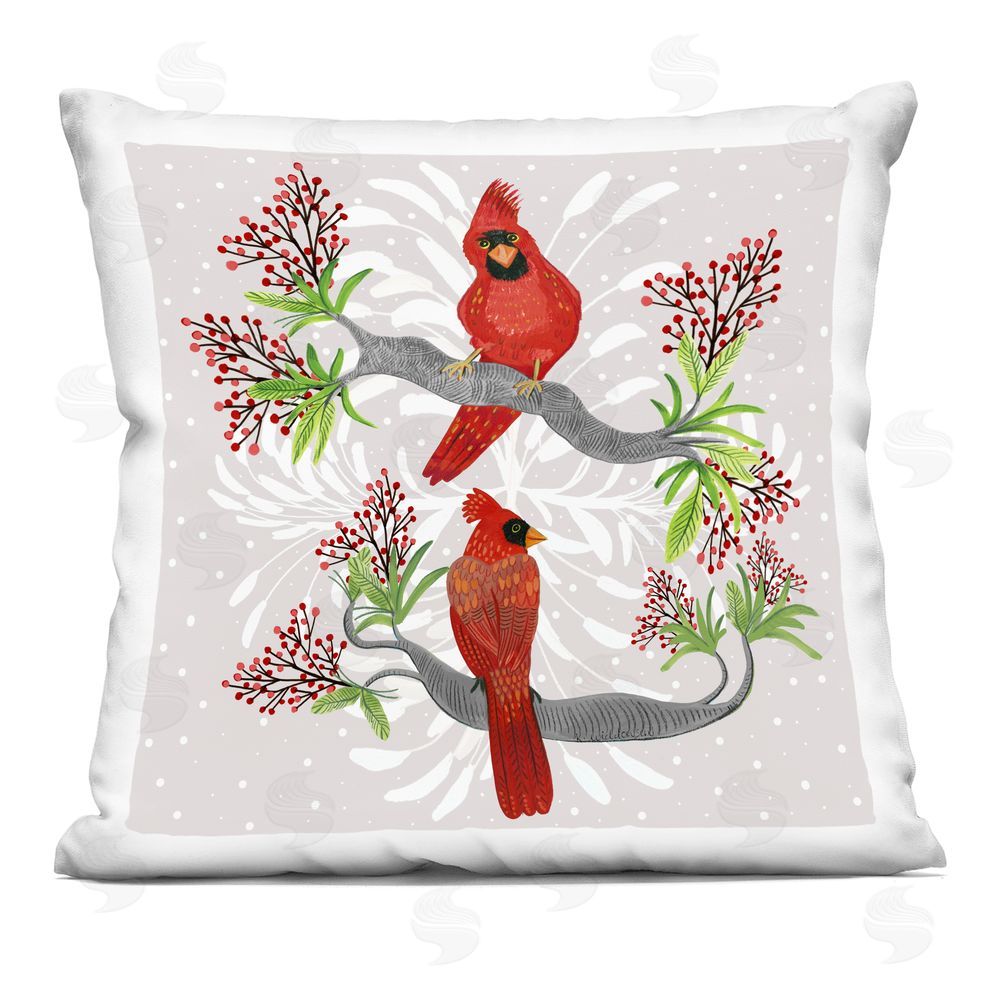 Kay Widdowson Christmas Birds with Berries Square Printed Throw Pillow