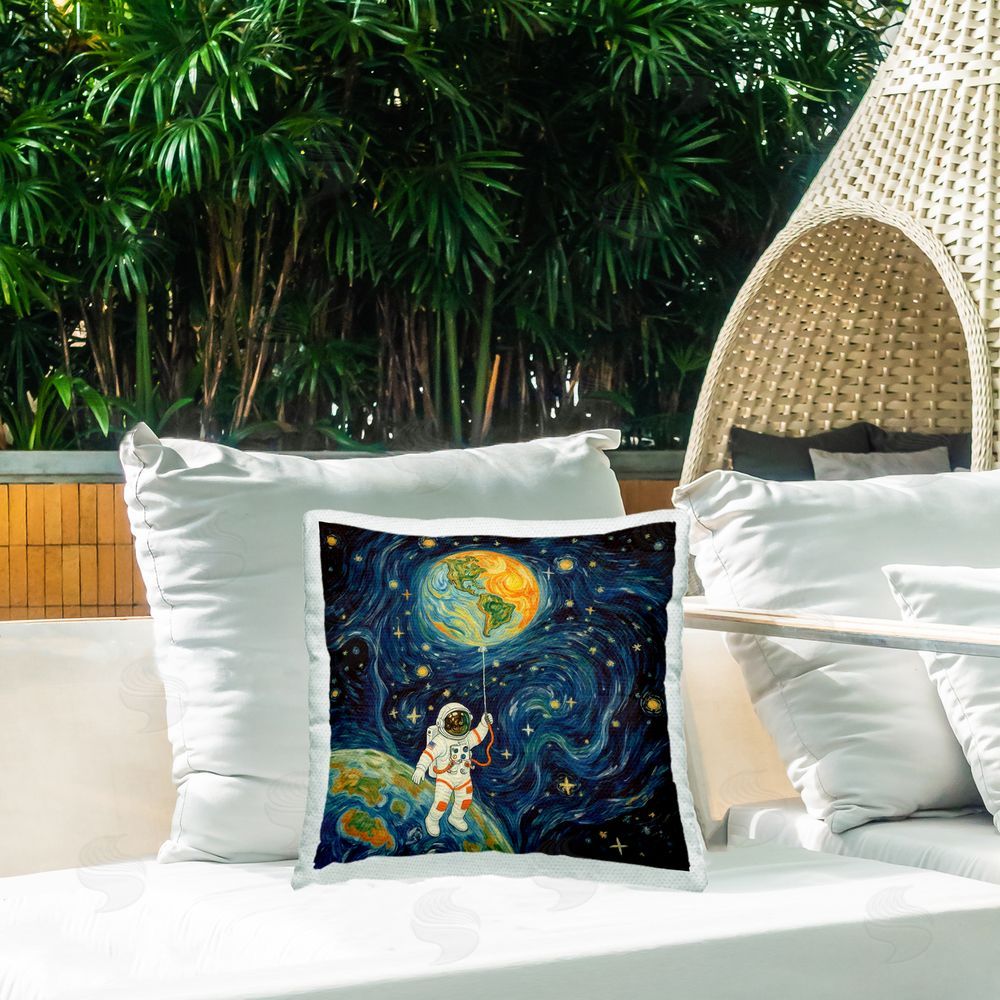 Angie Hawke Astronaut with Earth Balloon Square Printed Throw Pillow on Patio