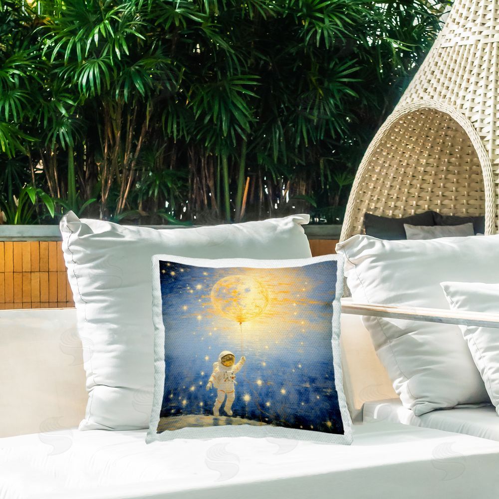 Angie Hawke Astronaut with Dreamy Cosmic Balloon Square Printed Throw Pillow on Patio
