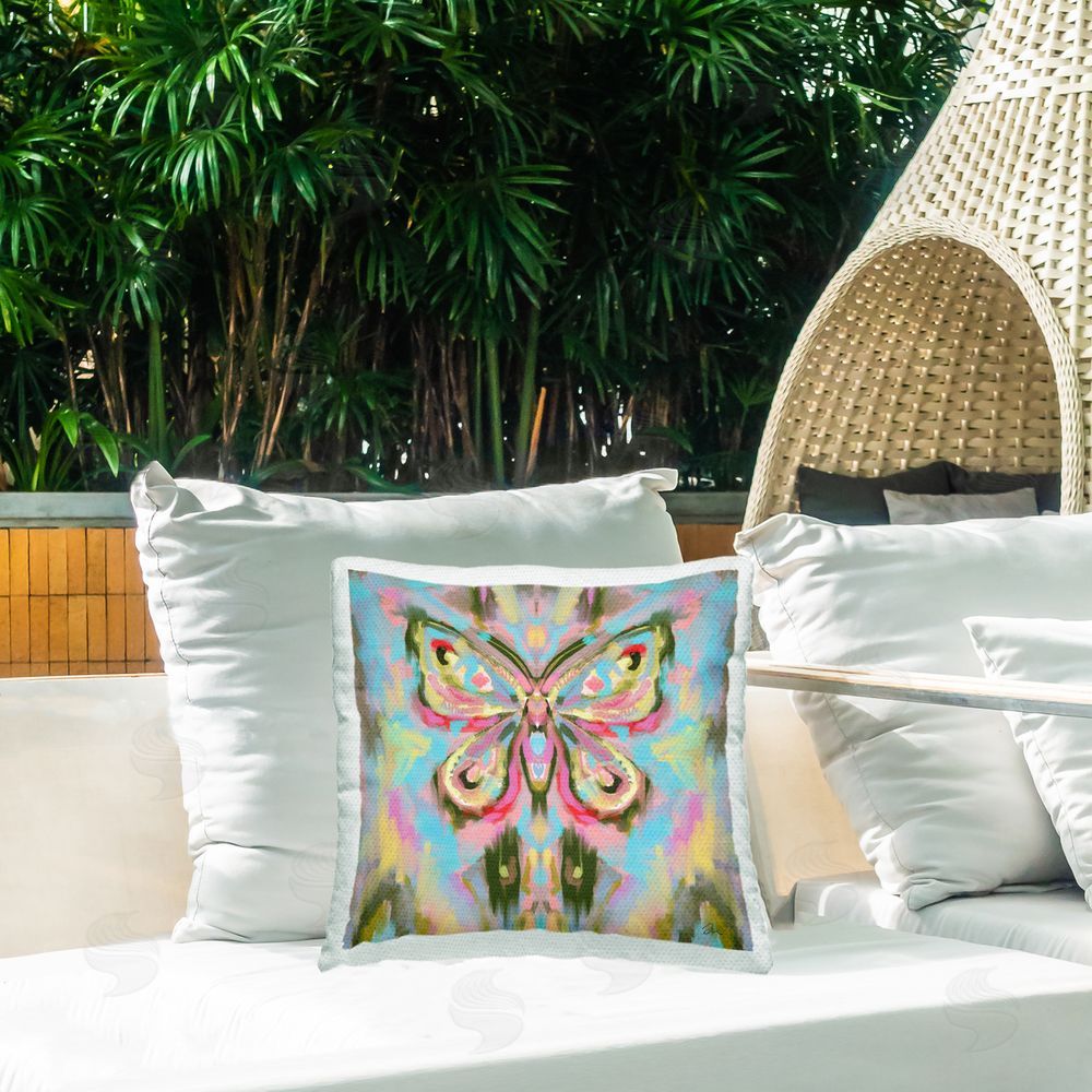 Jessica Mingo Psychedelic Butterfly Symphony Outdoor Quick-Dry Polyester Printed Square Pillow on Patio