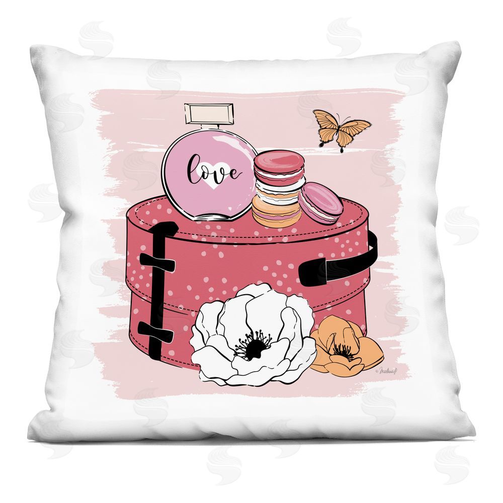Martina Pavlova Pink Love Perfume & Macarons Indoor Plush Polyester Square Throw Pillow