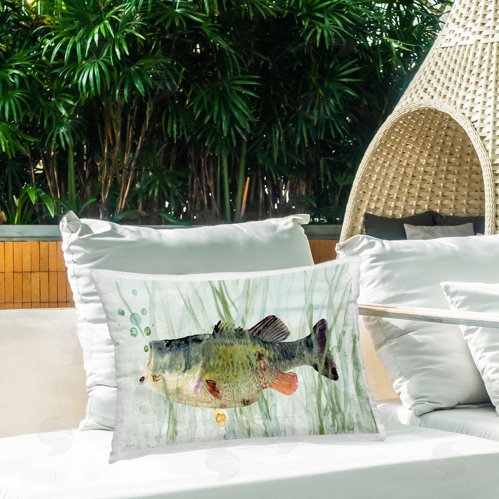 Stellar Design Studio Green Fish Among Reeds Outdoor Quick-Dry Polyester Printed Lumbar Pillow on Patio