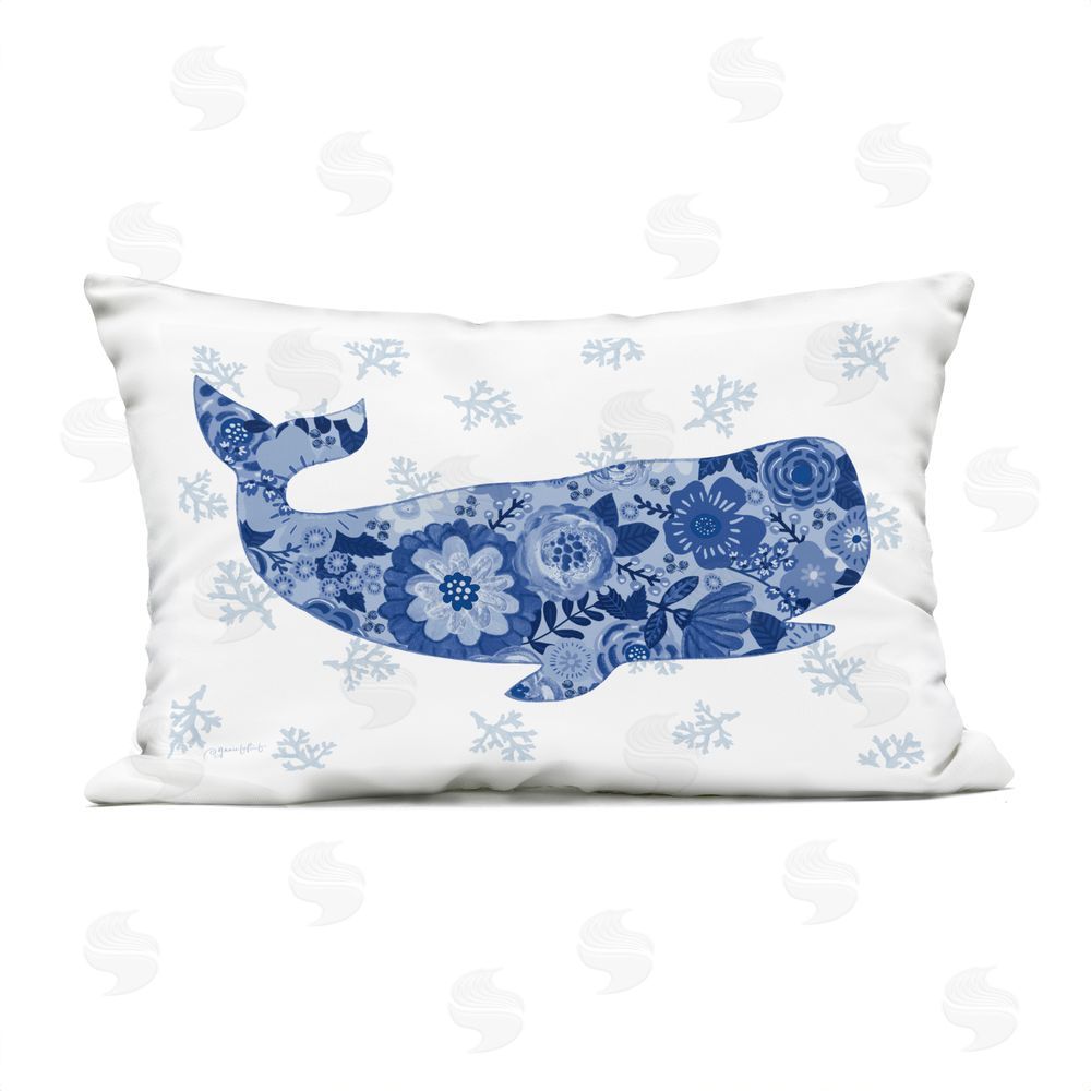 Annie LaPoint Blue Floral Whale Ocean Pattern Outdoor Quick-Dry Polyester Lumbar Pillow
