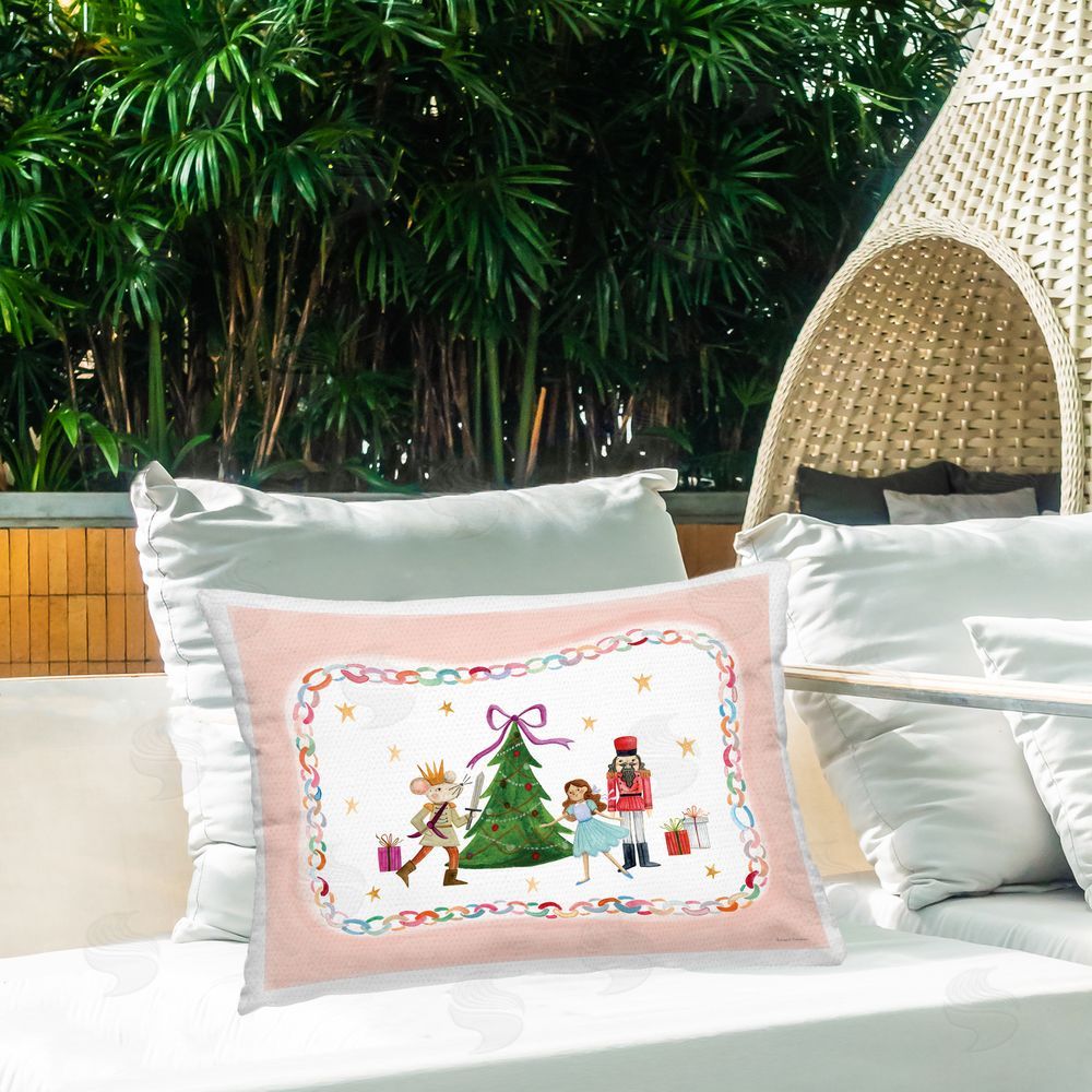 Rachel Nieman Festive Characters & Christmas Tree Outdoor Rectugular Printed Throw Pillow on Patio