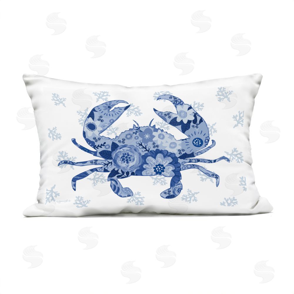 Annie LaPoint Blue Floral Patterned Crab Outdoor Quick-Dry Polyester Lumbar Pillow