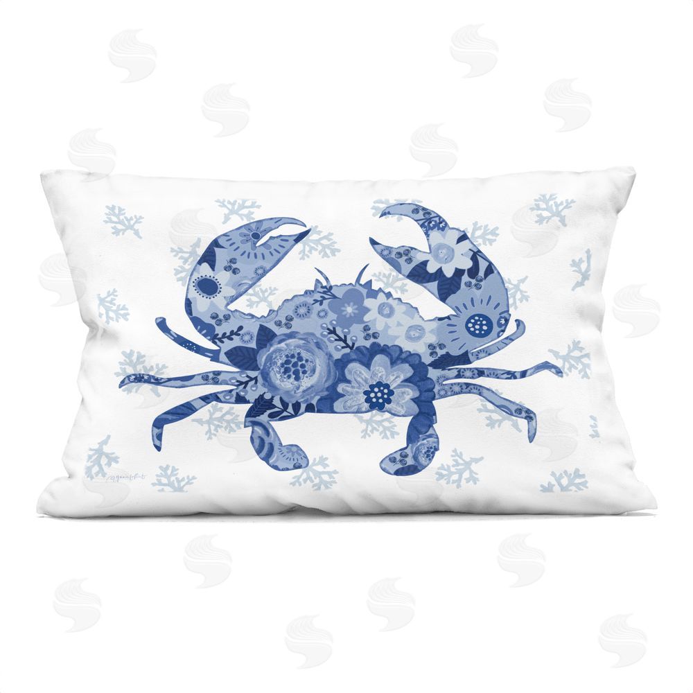 Annie LaPoint Blue Floral Patterned Crab Indoor Plush Polyester Lumbar Pillow