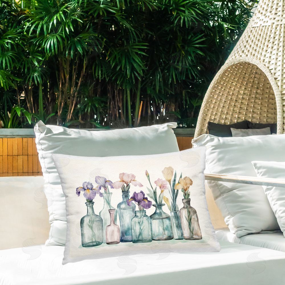 Svetlana Aleynikova Iris Bouquet in Vintage Bottles Outdoor Quick-Dry Polyester Printed Lumbar Pillow on Patio