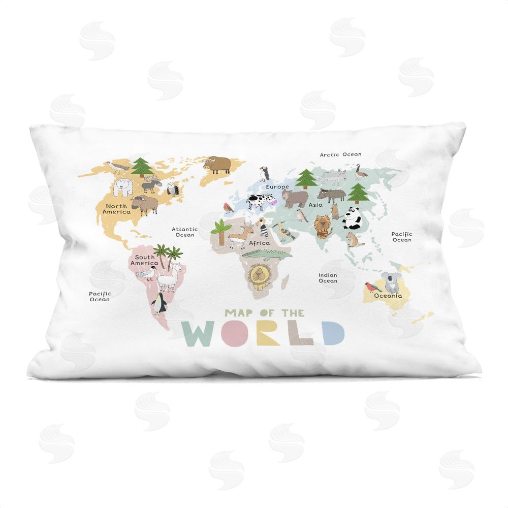 Carla Daly Map Of World Pastel Animals Rectugular Printed Throw Pillow