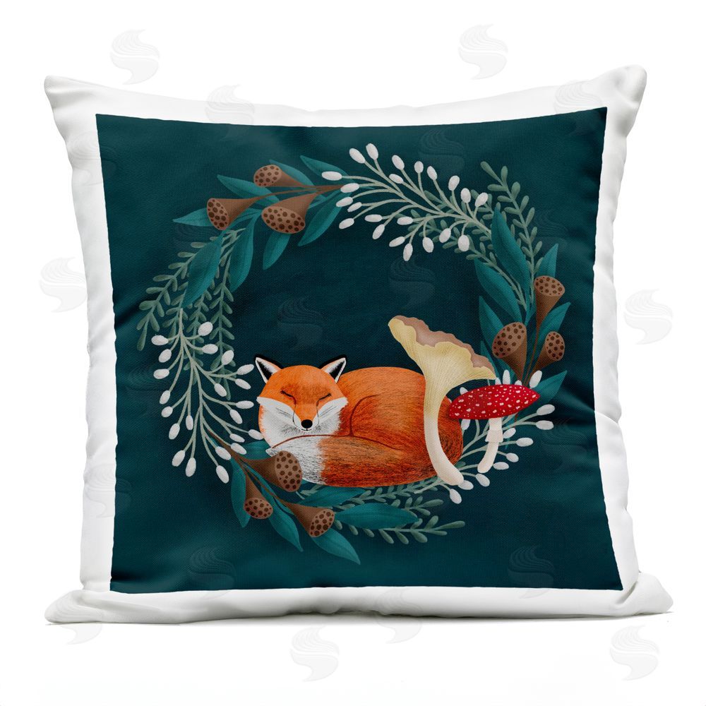 Metka Hiti Sleepy Fox in Botanical Wreath Outdoor Square Printed Throw Pillow