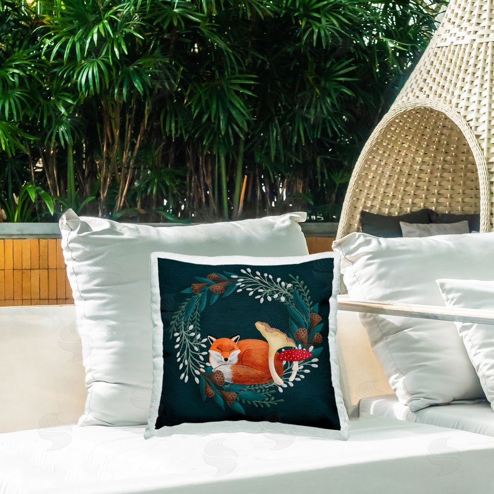 Metka Hiti Sleepy Fox in Botanical Wreath Square Printed Throw Pillow on Patio
