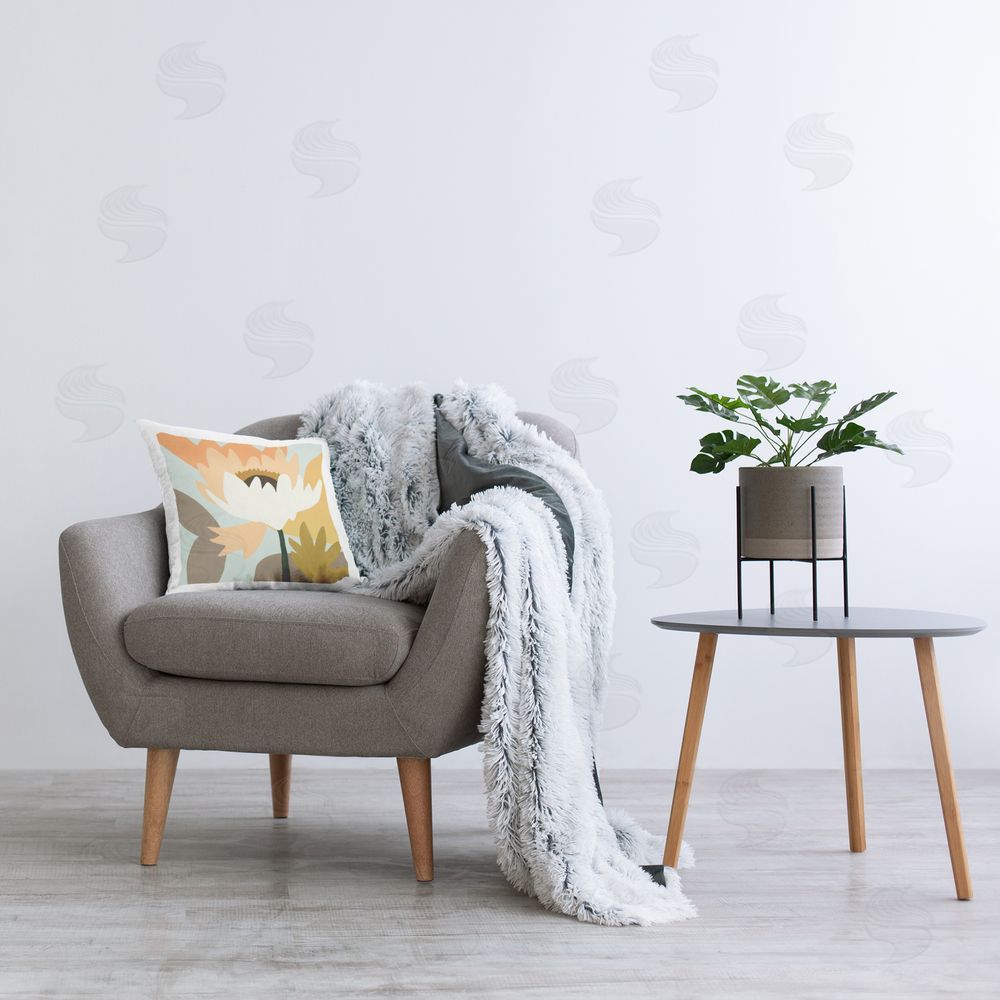 Liz Jardine Contemporary Pastel Petal Bloom Plush Polyester Printed Square Pillow on Chair