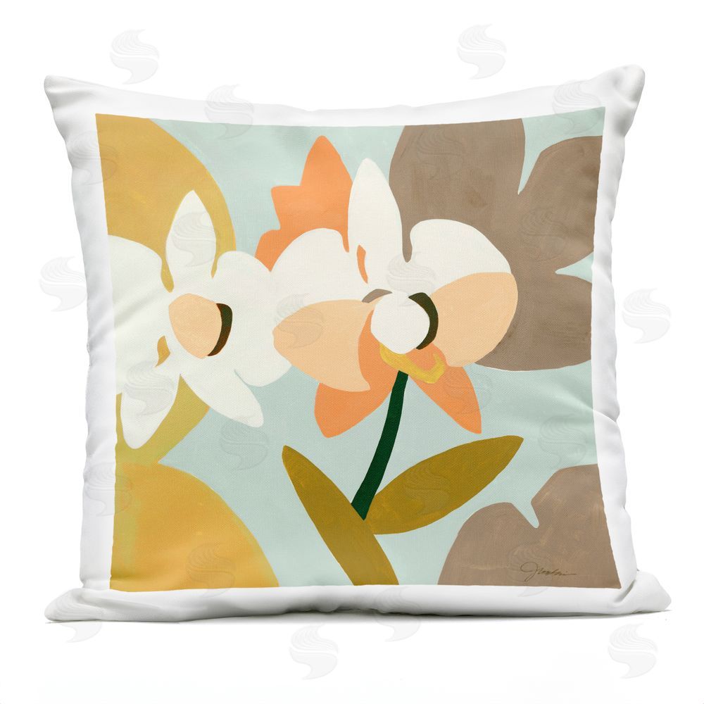 Liz Jardine Peach & White Orchid Bloom Outdoor Quick-Dry Polyester Square Throw Pillow