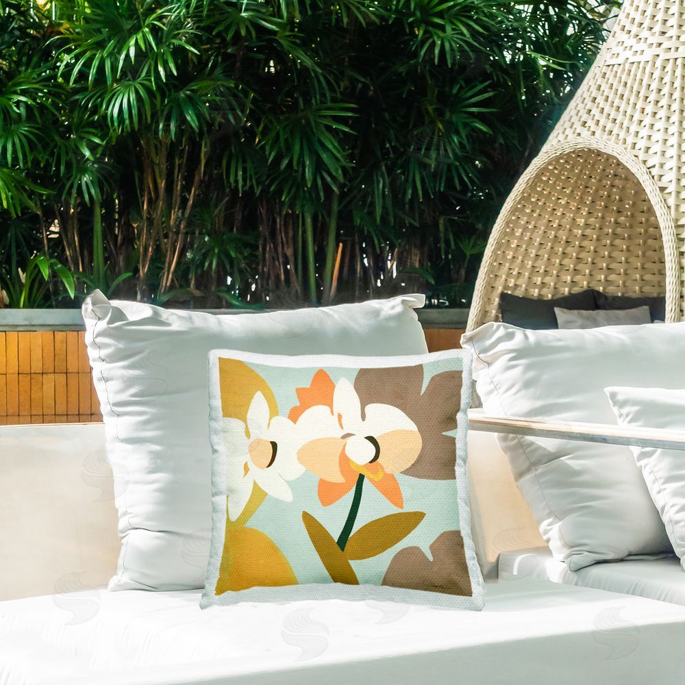 Liz Jardine Peach & White Orchid Bloom Outdoor Quick-Dry Polyester Printed Square Pillow on Patio