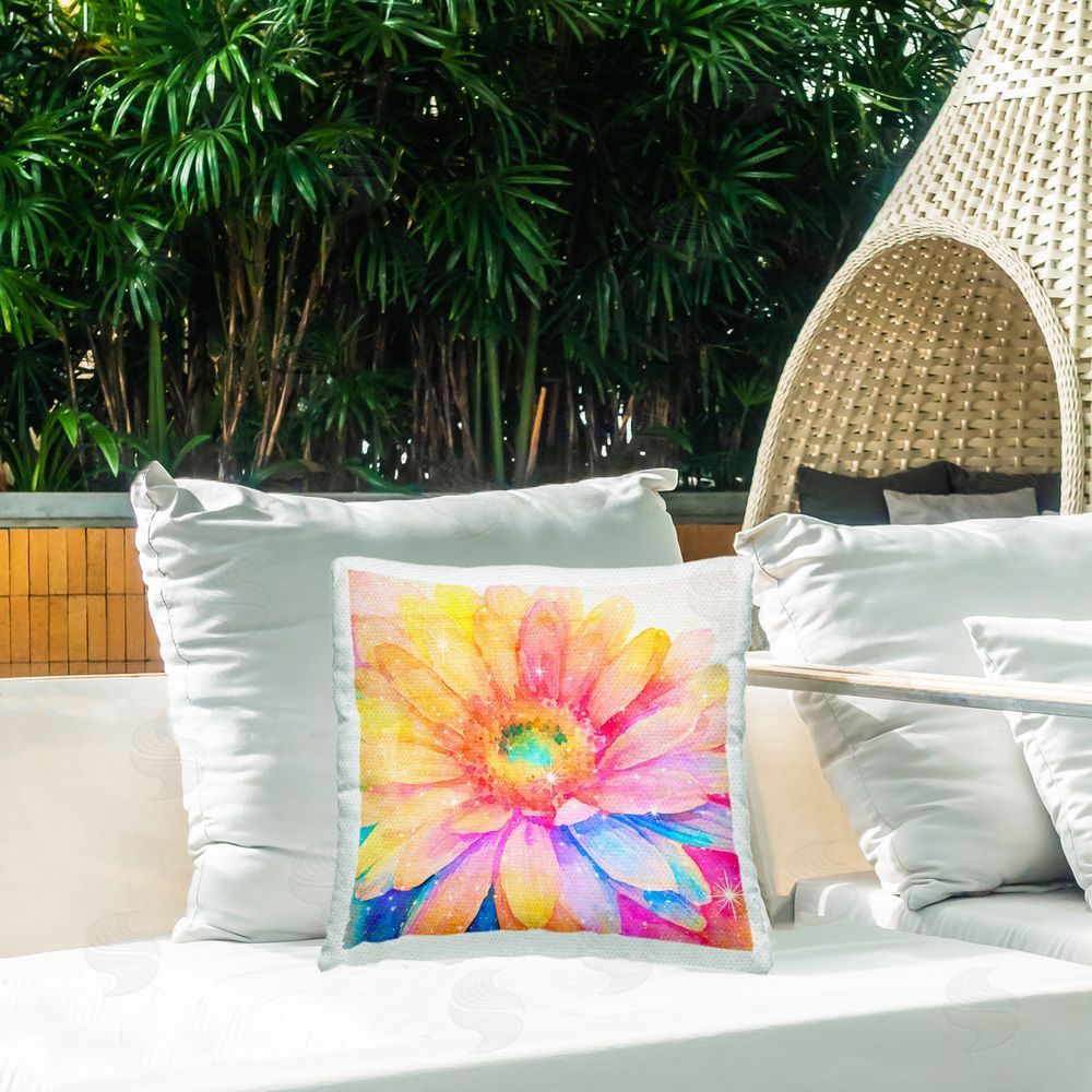 Vibelicious Bloomtopia Shimmer Blossom Outdoor Square Printed Throw Pillow on Seat