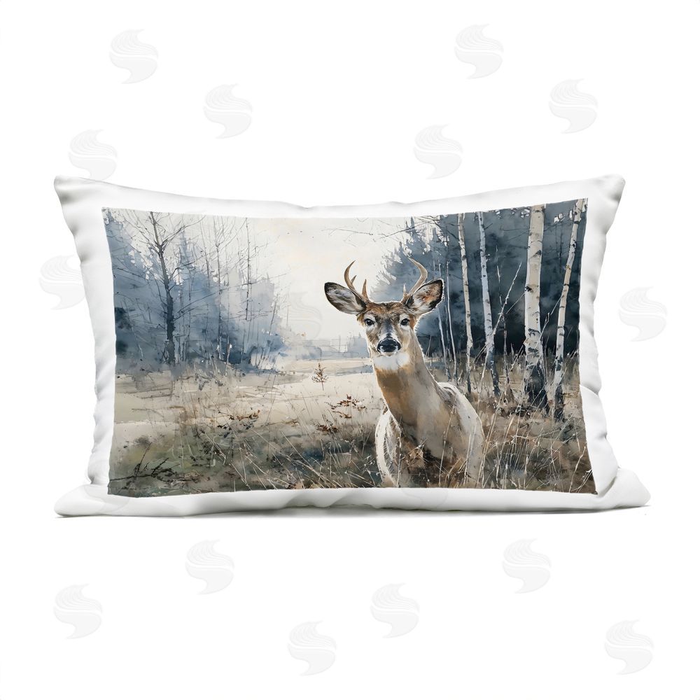 Franklyn Gregory Deer in Winter Wilderness Outdoor Printed Lumbar Throw Pillow