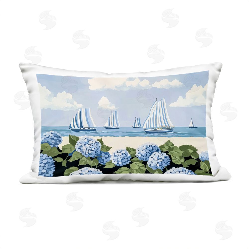 Sisi and Seb Striped Sails & Seaside Hydrangeas Outdoor Printed Lumbar Throw Pillow