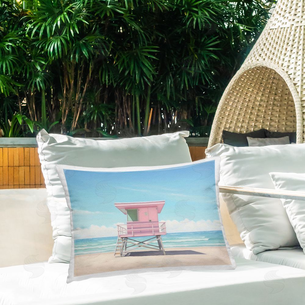Creative Studio Miami Beach Lifeguard Station Outdoor Printed Lumbar Throw Pillow on Seat