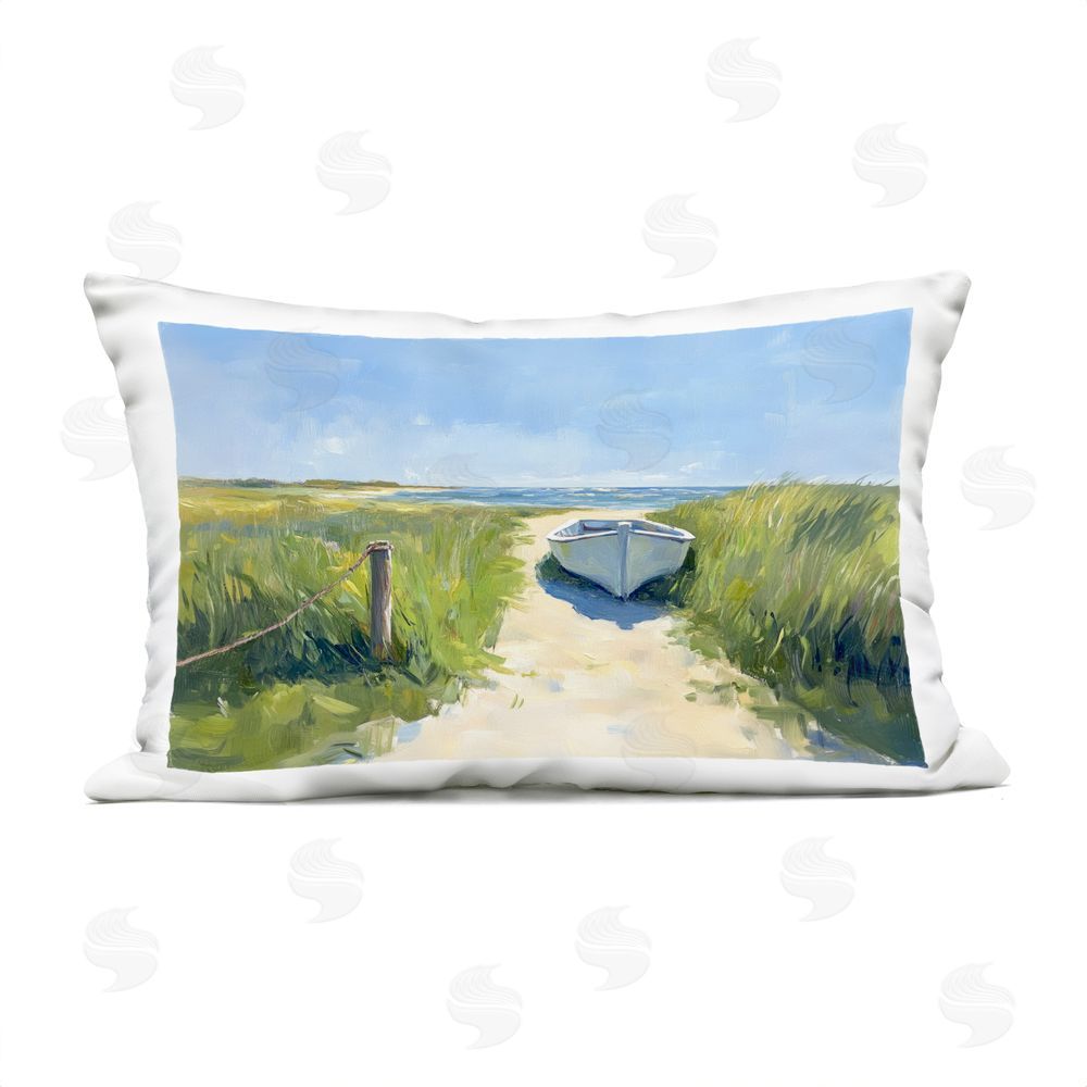 Sisi and Seb Moored Boat on Path Outdoor Printed Lumbar Throw Pillow