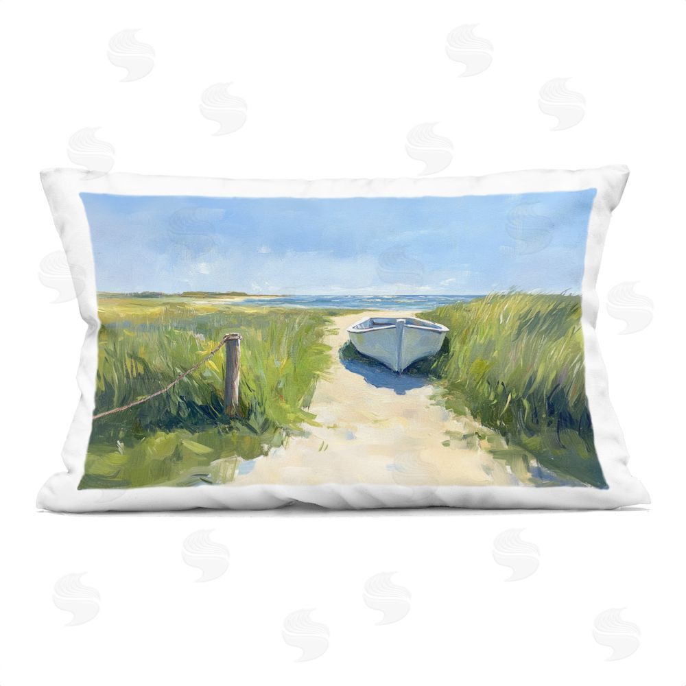 Sisi and Seb Moored Boat on Path Printed Lumbar Throw Pillow