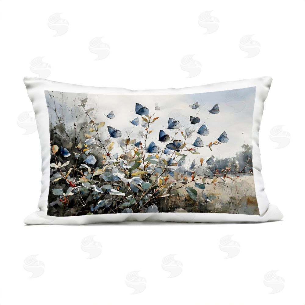 Franklyn Gregory Blue Butterflies Among Meadow Leaves Outdoor Printed Lumbar Throw Pillow