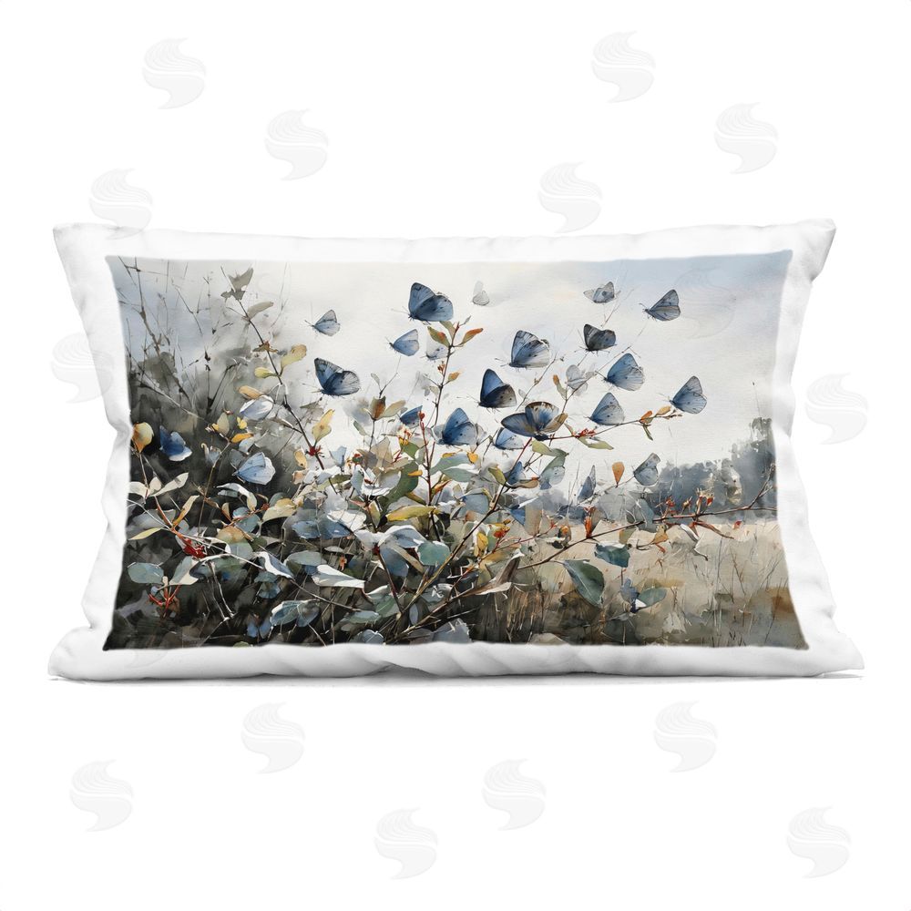 Franklyn Gregory Blue Butterflies Among Meadow Leaves Printed Lumbar Throw Pillow