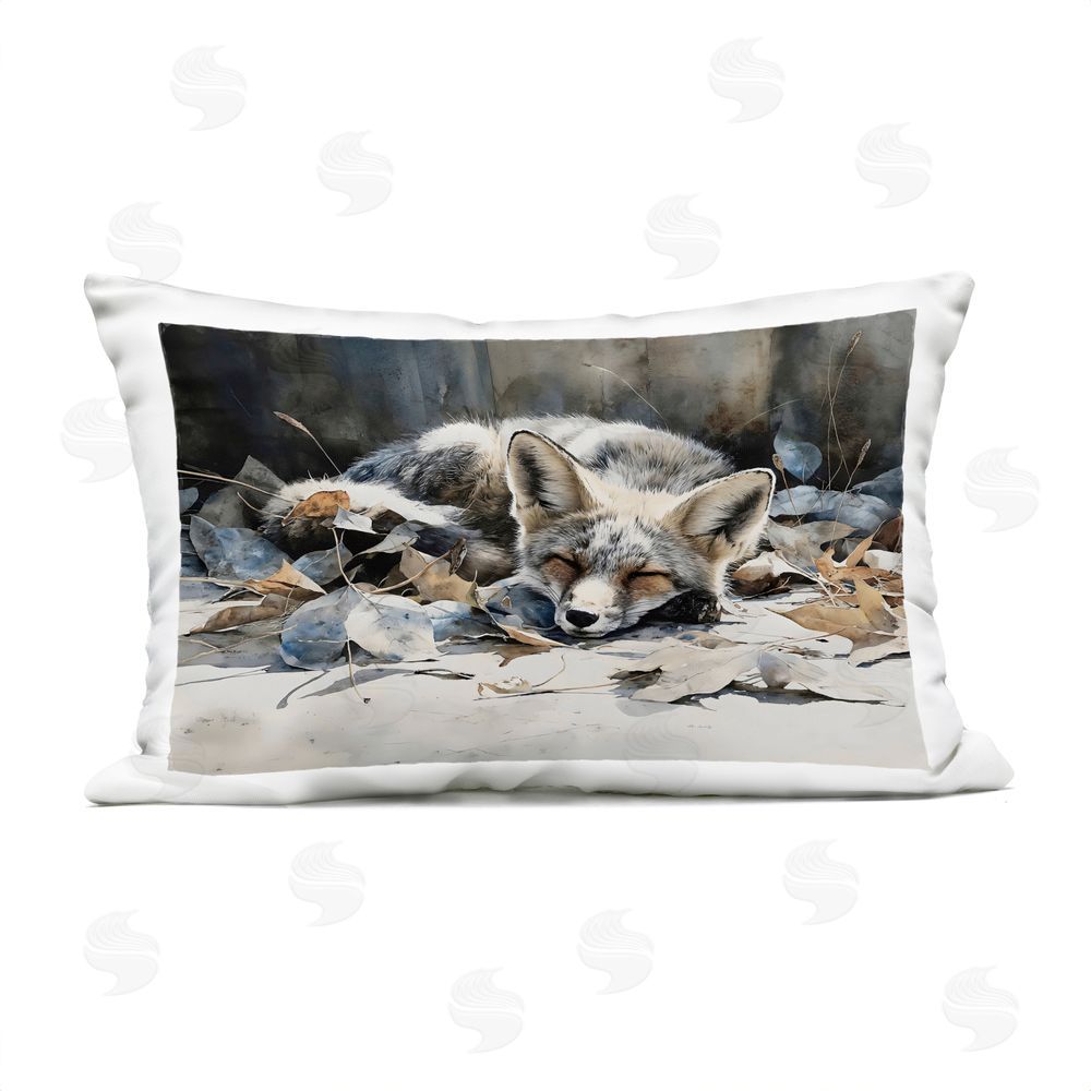 Franklyn Gregory Blue Fox Resting Among Leaves Outdoor Printed Lumbar Throw Pillow