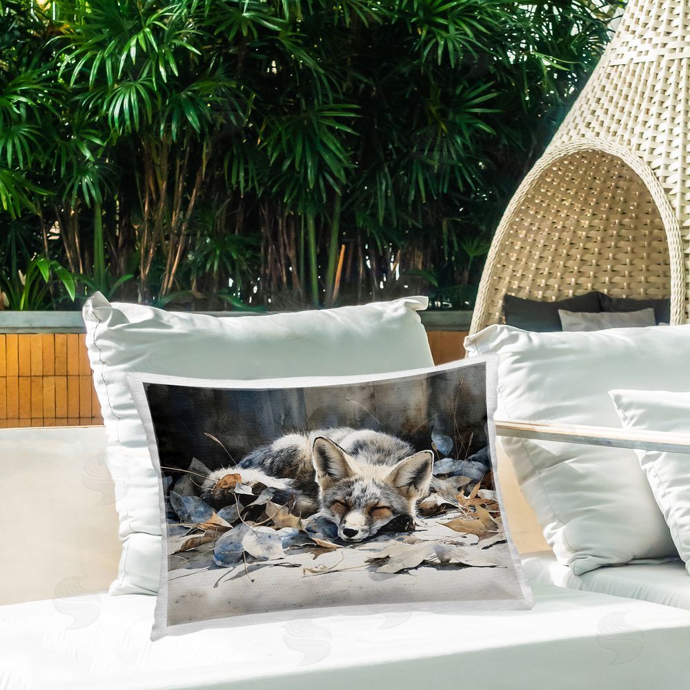 Franklyn Gregory Blue Fox Resting Among Leaves Outdoor Printed Lumbar Throw Pillow on Seat