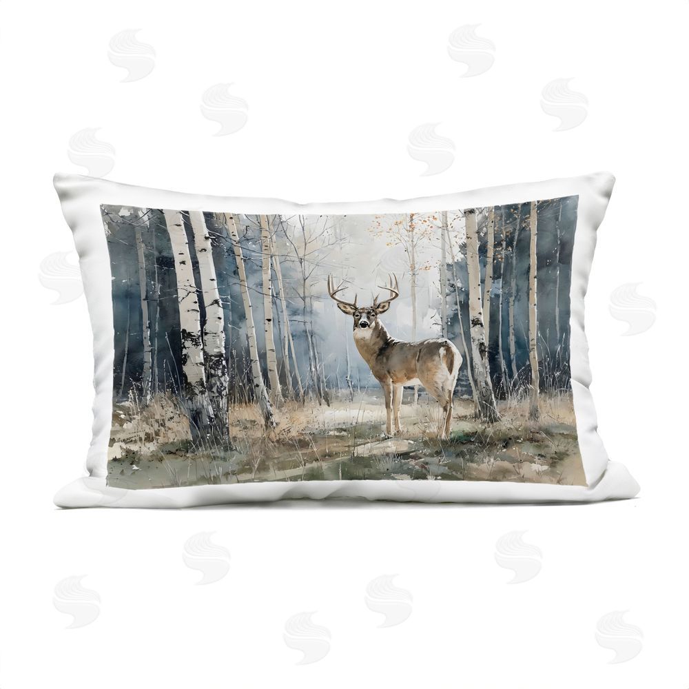 Franklyn Gregory Lone Stag in Birch Forest Outdoor Printed Lumbar Throw Pillow