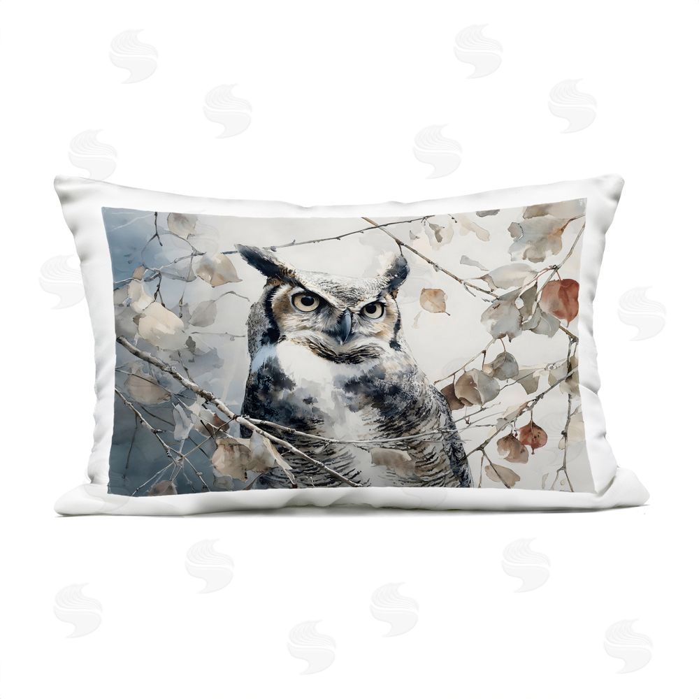 Franklyn Gregory Horned Owl Perched Outdoor Printed Lumbar Throw Pillow