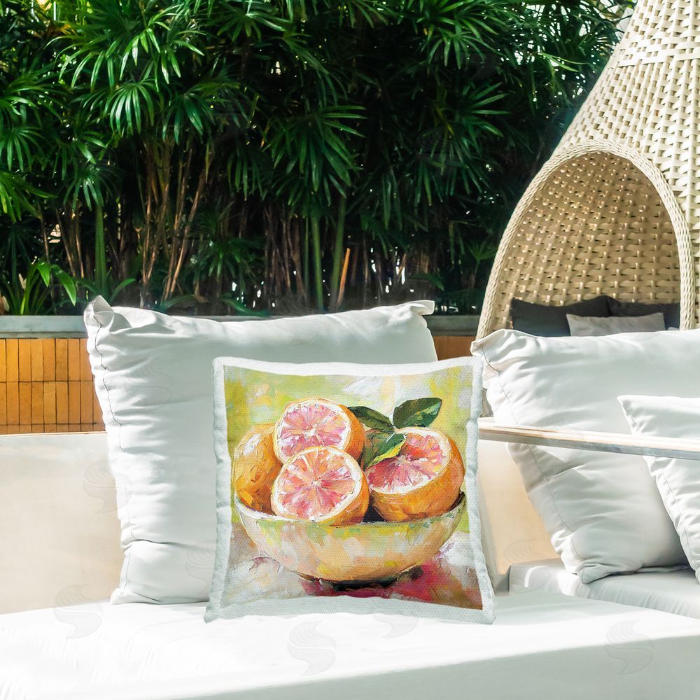 Riley B Bold Grapefruit in Ceramic Bowl Outdoor Square Printed Throw Pillow on Seat