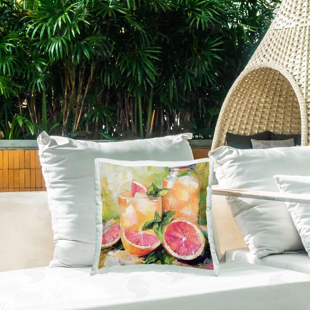Riley B Grapefruit Summer Refreshment Outdoor Square Printed Throw Pillow on Seat