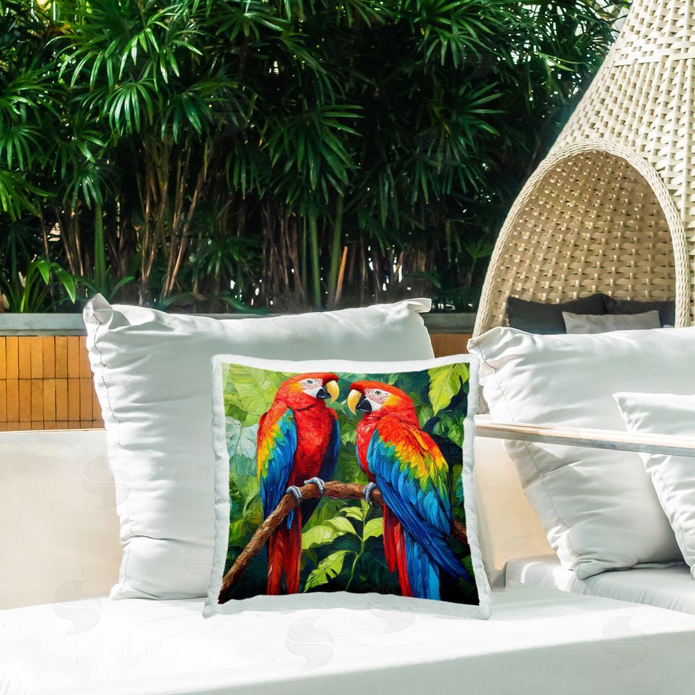 Petal Prints Design Tropical Parrot Pair Outdoor Square Printed Throw Pillow on Seat