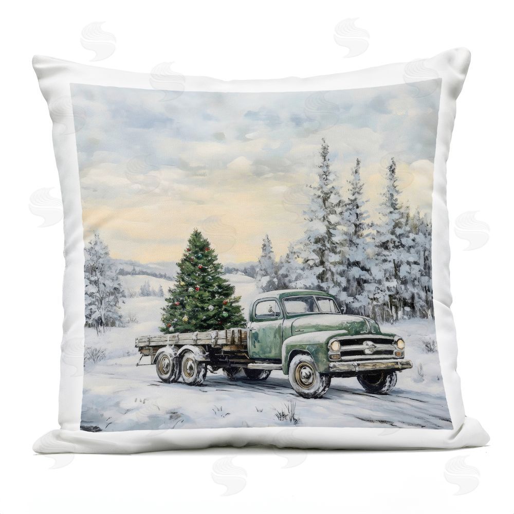 Petal Prints Design Green Christmas Tree Truck Outdoor Square Printed Throw Pillow
