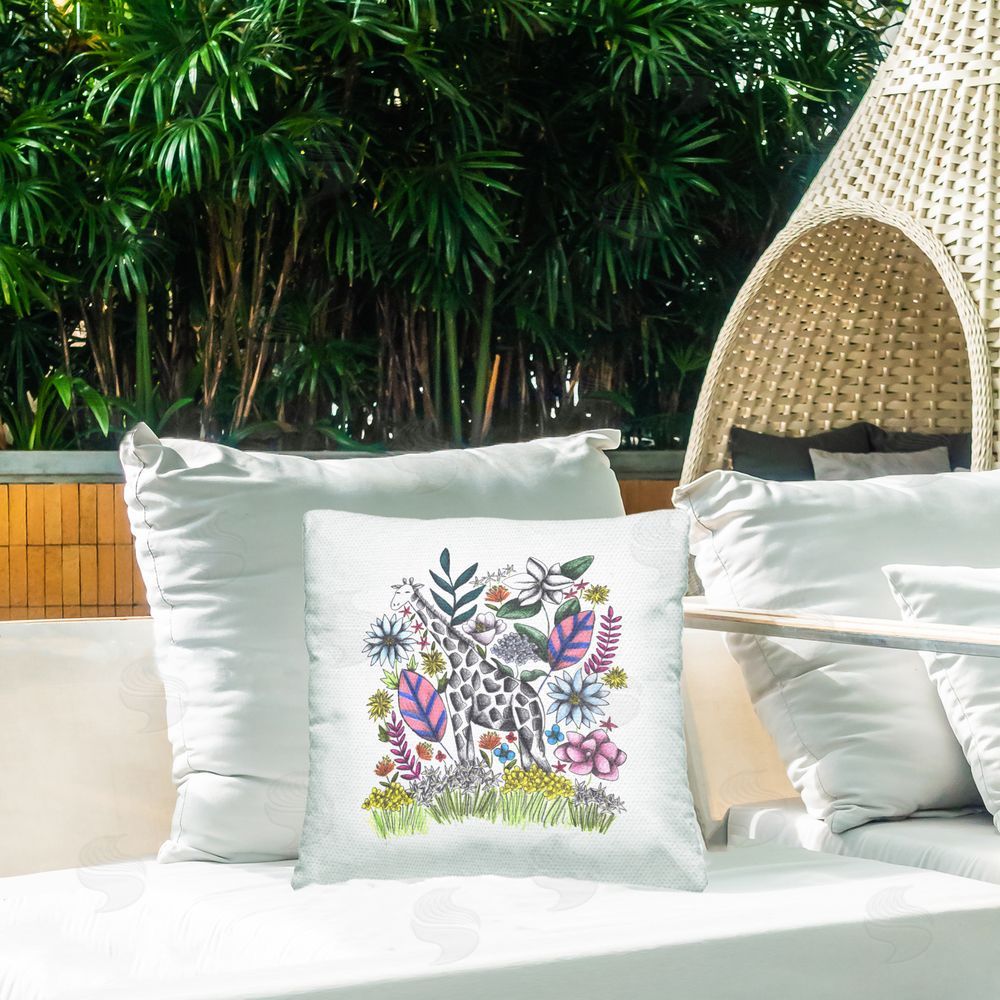 Cecilia Battaini Giraffe in Midst of Flowers Square Printed Throw Pillow on Patio