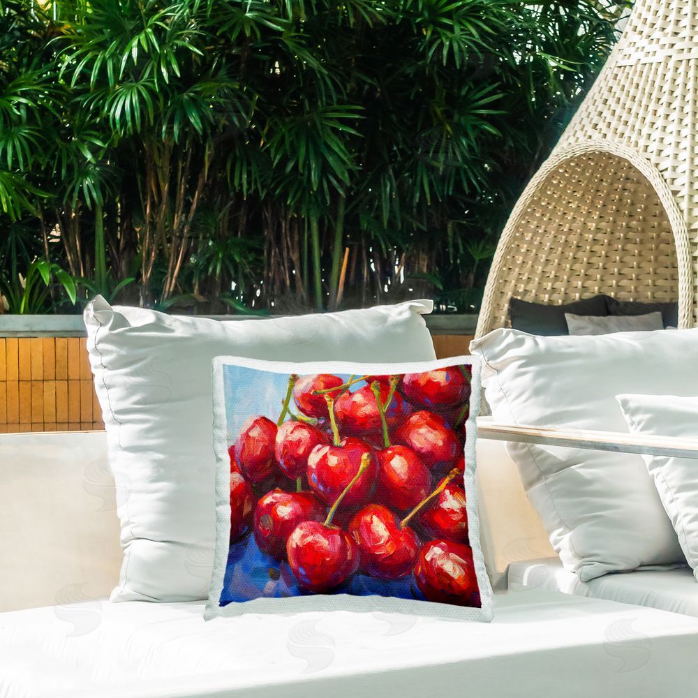 Petal Prints Design Luscious Red Cherries of Summer Outdoor Square Printed Throw Pillow on Seat