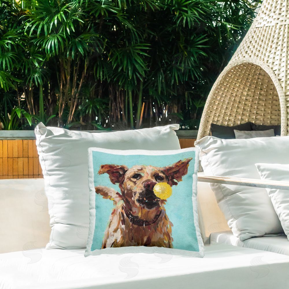 Studio Bautista Dog Playing with Ball Square Printed Throw Pillow on Patio