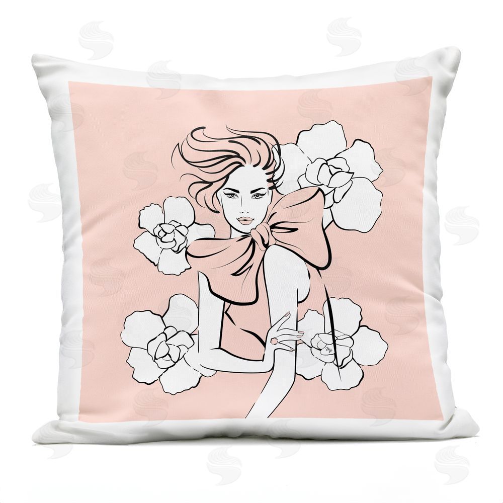 Martina Pavlova Pink Lady with Florals & Bow Outdoor Quick-Dry Polyester Square Throw Pillow