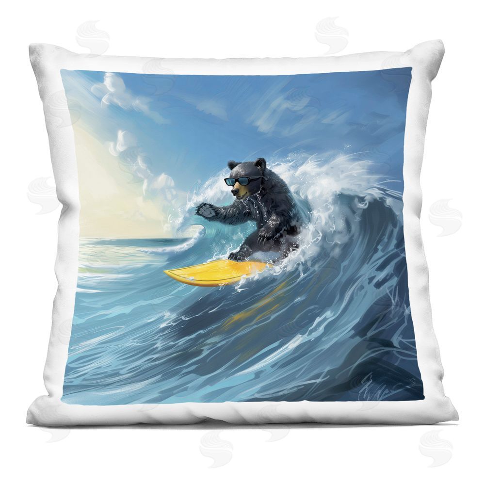 Jim Baldwin Surfing Bear on Open Waves Indoor Plush Polyester Square Throw Pillow