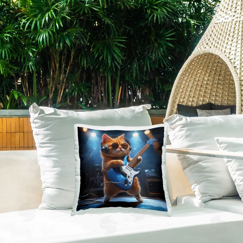 Jim Baldwin Cat Guitarist in Band Square Printed Throw Pillow on Patio